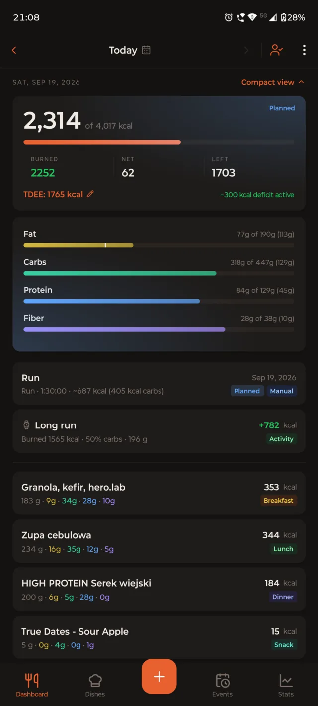 The Today screen with a planned run added to the burned calories, the calorie card tagged Planned.