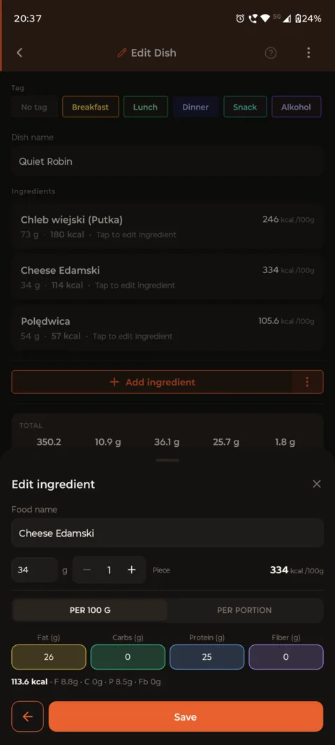 Building a dish from its ingredients, editing one ingredient's per-100 g macros.