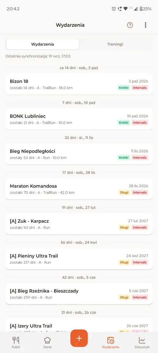 The Events tab listing upcoming races, each with a countdown, priority and distance.